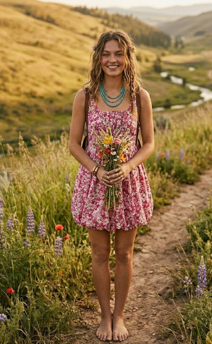 Band of the Free Floral Pink Bubble Hem Mini Dress Boho Smocked Back Cottagecore